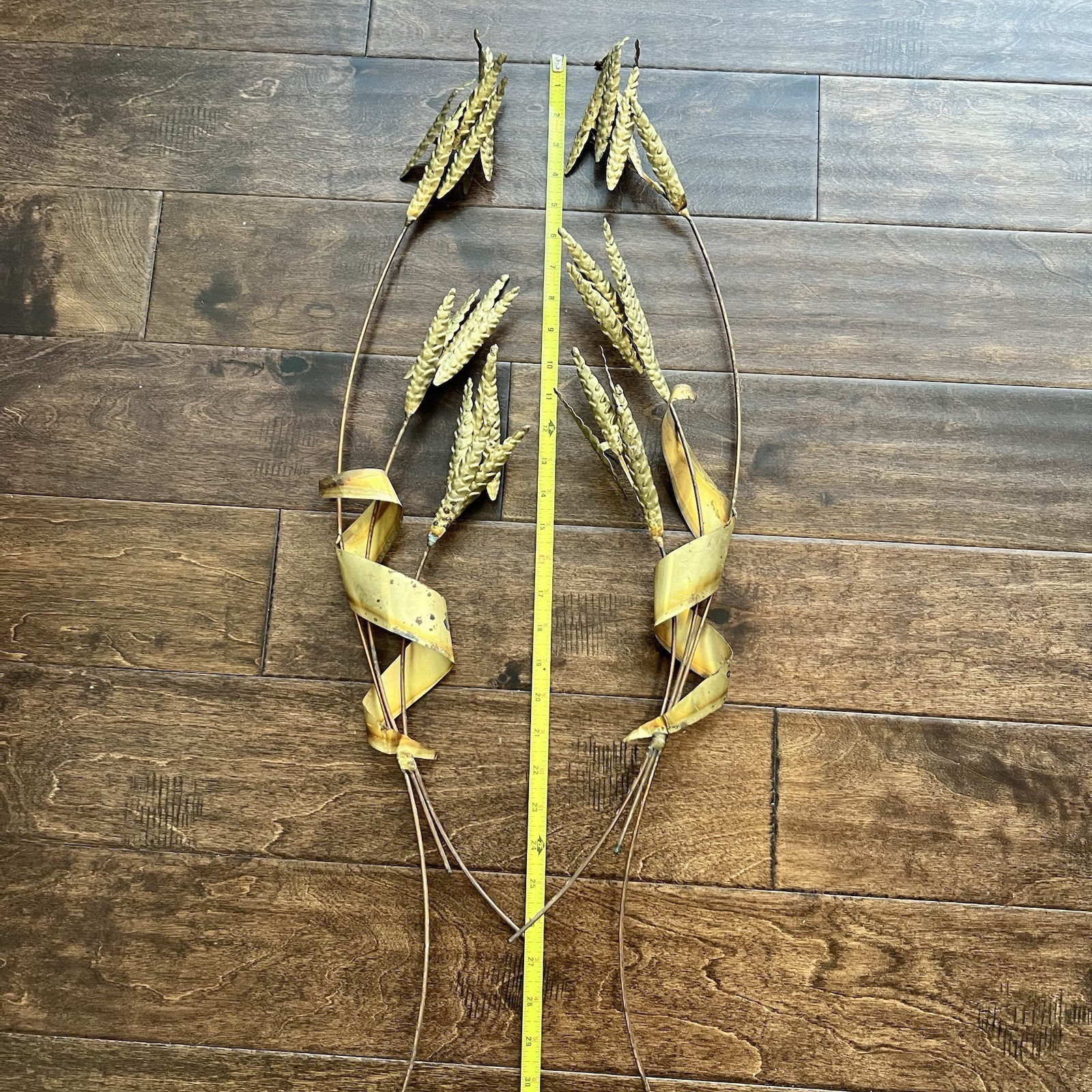 Vintage Pair Metal Art Sculpture Wheat Stalk Branch Wall Hanging Brass 30” MCM