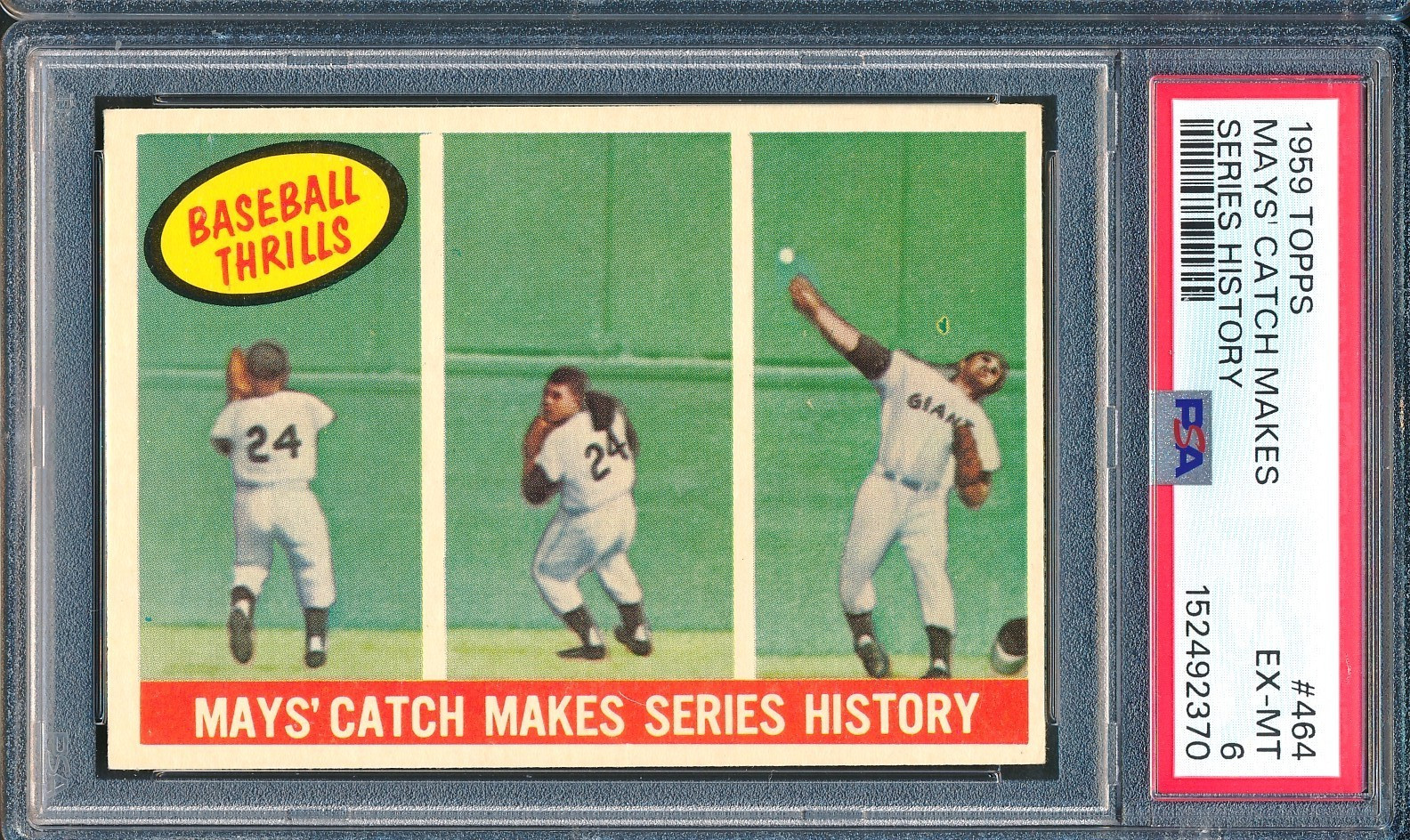 1959 Topps #464 BASEBALL THRILLS Willie Mays' Catch Makes Series History ~ PSA 6