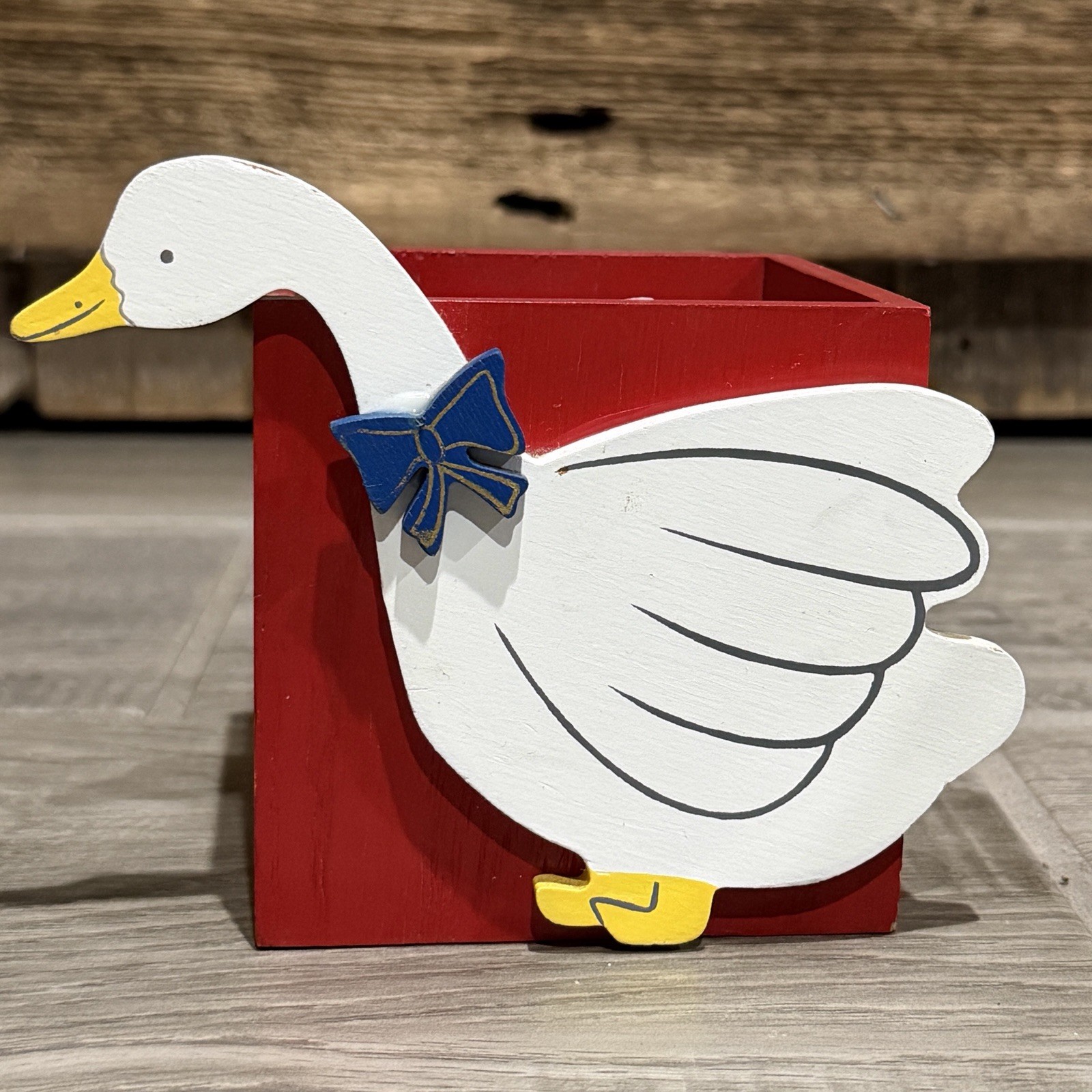 Vintage Blue Bow Country Goose Wooden Goose Organizer Box 4”