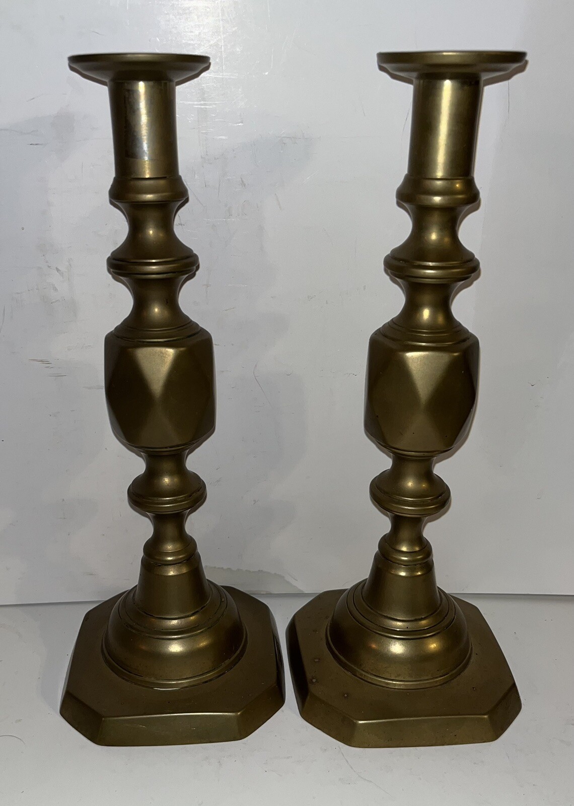 HUGE Antique Pair Signed Diamond Queen Spun Brass Push-up English CandleStick HUGE Antique Pair Signed Diamond Queen Spun Brass Push-up English CandleStick
