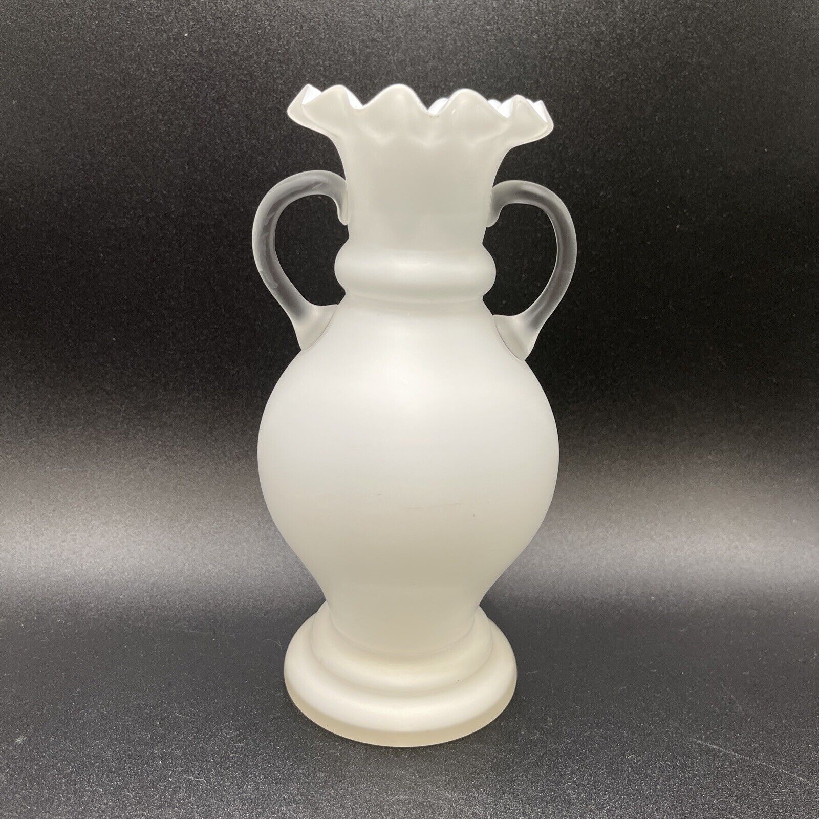White Satin Cased Glass Double Handled Ruffle Vase