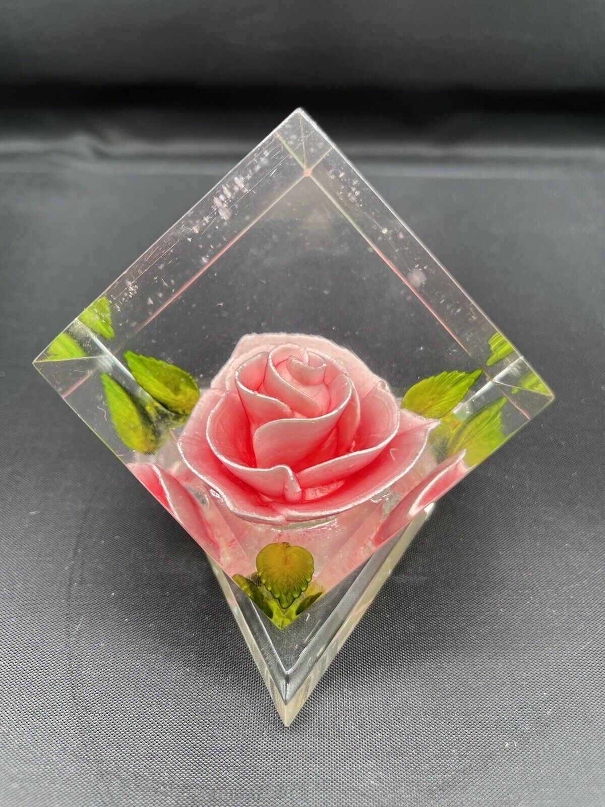 Bircraft Vintage Acrylic Lucite Paperweight Hand Carved Pink Rose Indiana USA