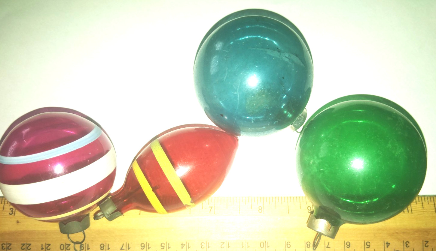 4 Vintage UNSILVERED WWII era CHRISTMAS ORNAMENTS 1940s glass ANTIQUE stripe