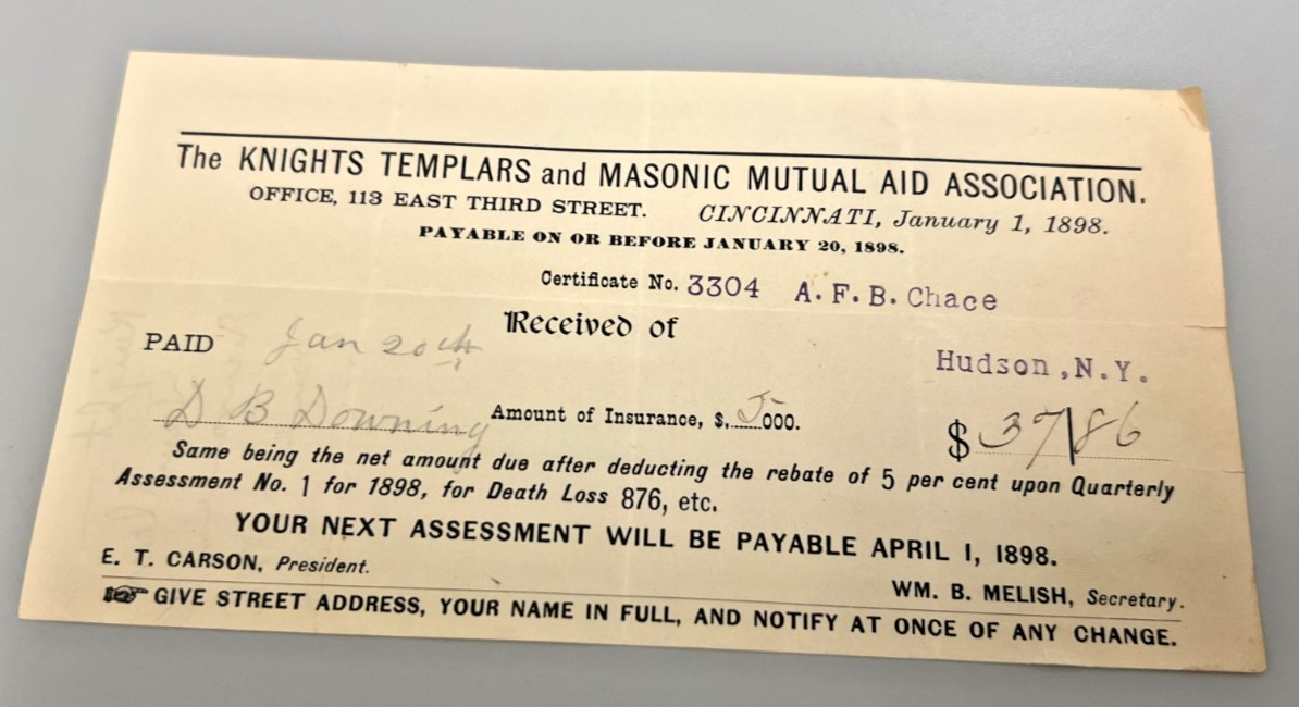 1898 Knights Templars Masonic Aid Assoc Insurance Bill Cincinnati to Hudson NY