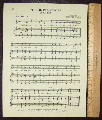 TEXAS TECH UNIVERSITY Vintage Song Sheet c 1953 \