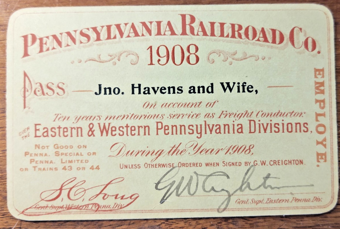 Antique PRR Pennsylvania Railroad Employee Pass East & West Division 1908