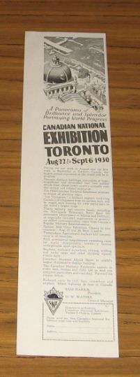 1930 Vintage Ad Canadian National Exhibition Toronto,Ontario Canada