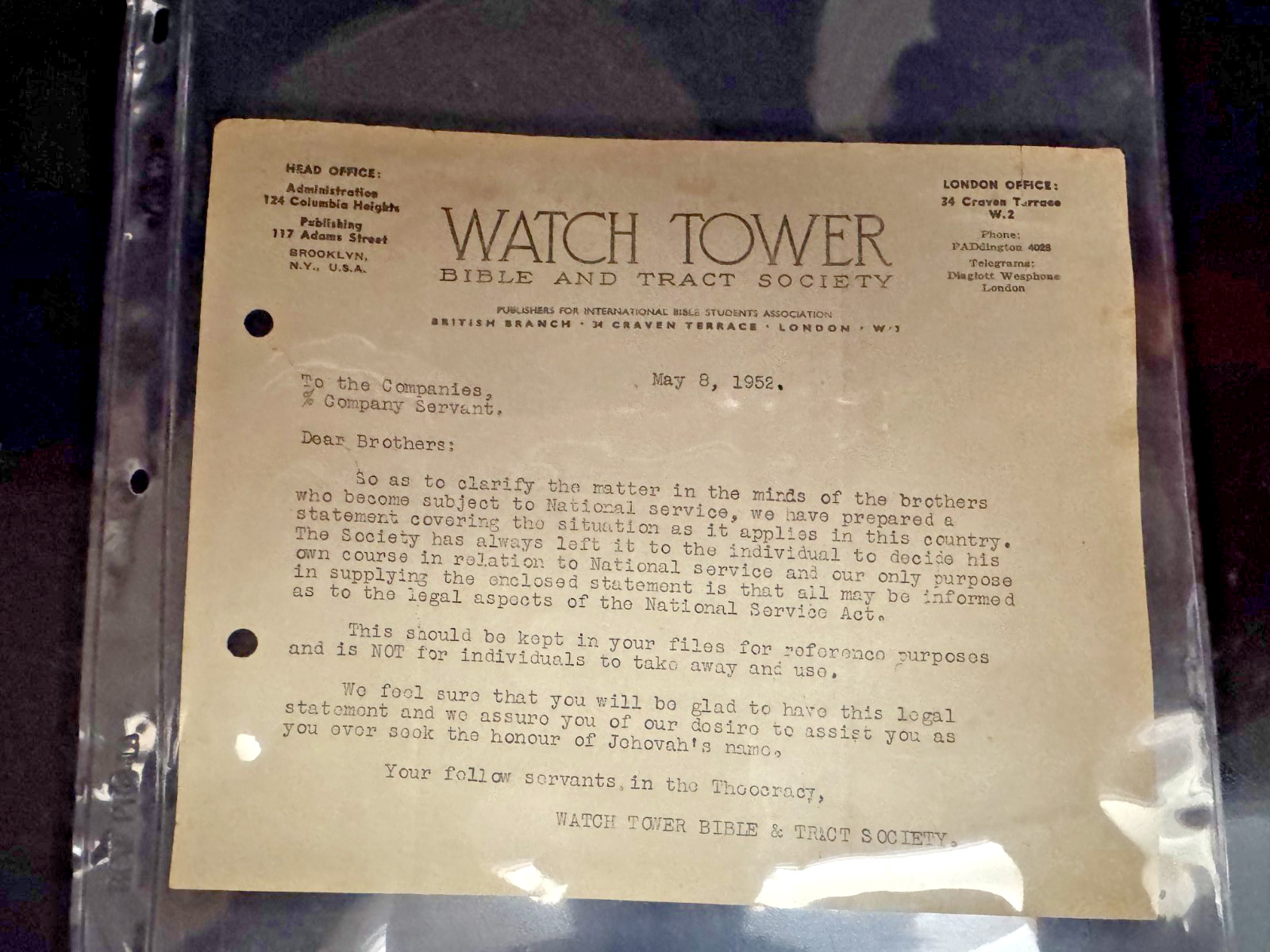 WATCHTOWER NATIONAL SERVICE LETTER 1952 LONDON