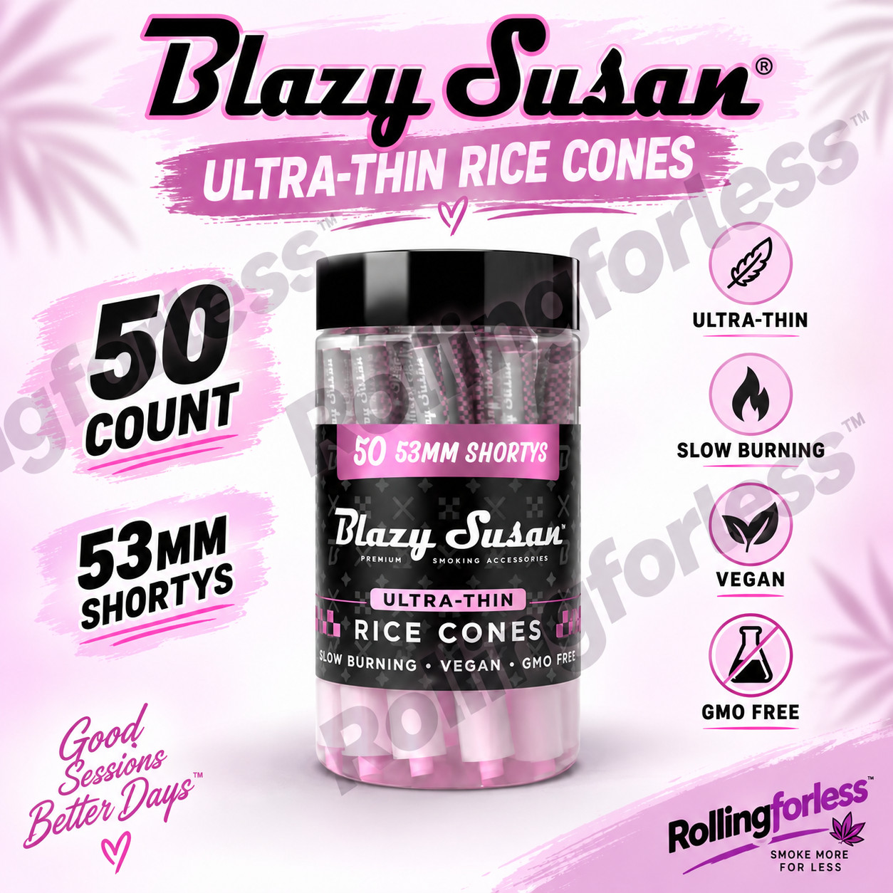 Blazy Susan 53mm Shorty Pink Cones 50 Count Ultra Thin Rice Pre-Rolled Jar