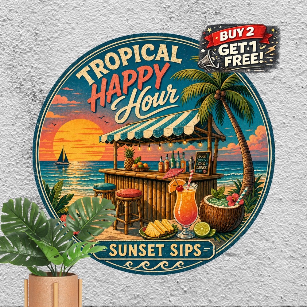 Tropical Beach Bar Round Metal Sign Vintage Island Tiki Cocktail Lounge Plaque