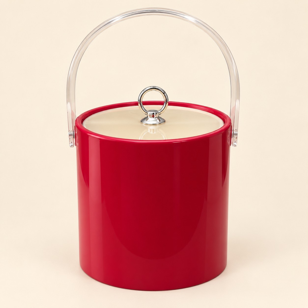 Vintage Red Ice Bucket Acrylic Handle Cream Lid Retro MCM Barware