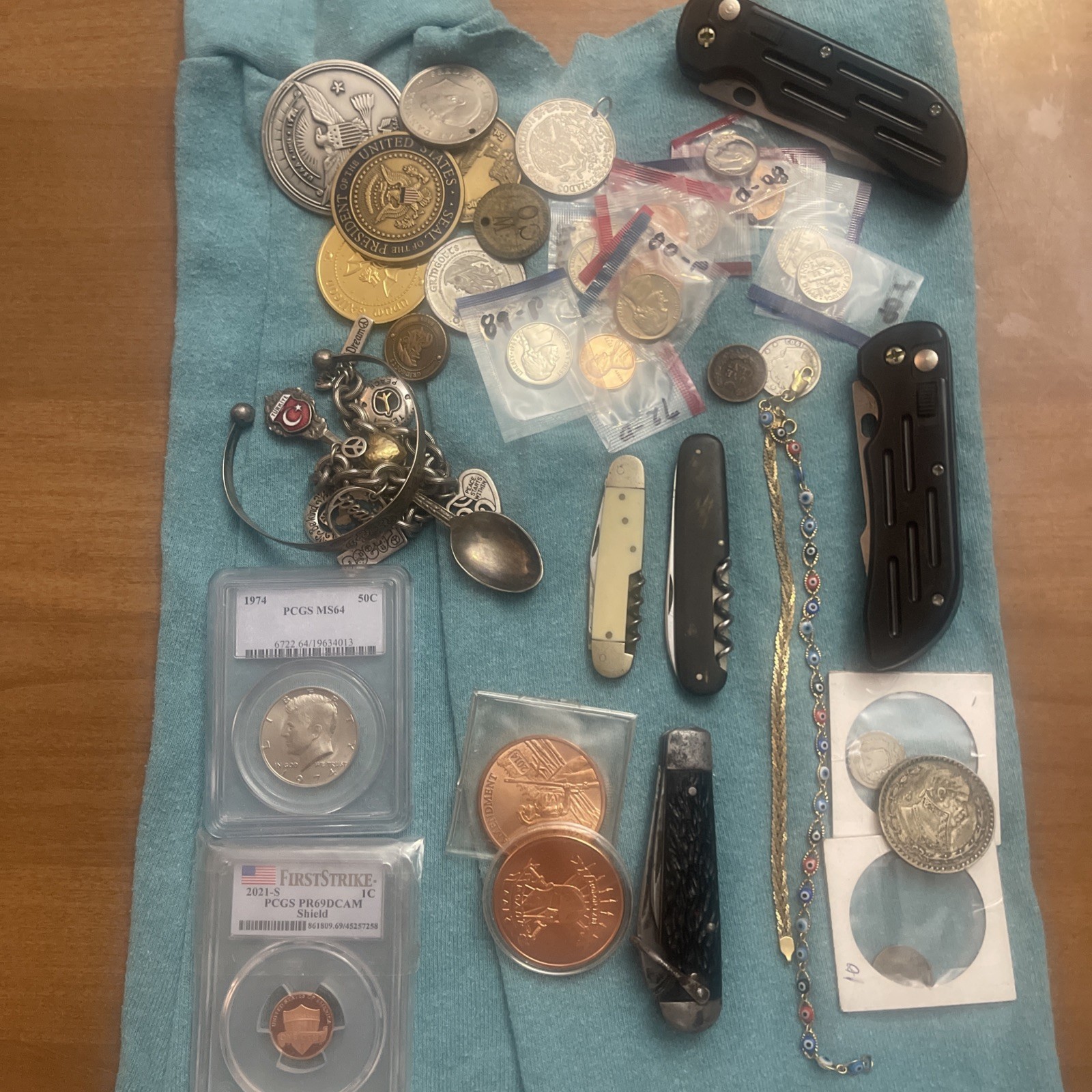 Large Junk Drawer Silver Coins Gold Filled Pocket Knives Graded Ungraded Coins J