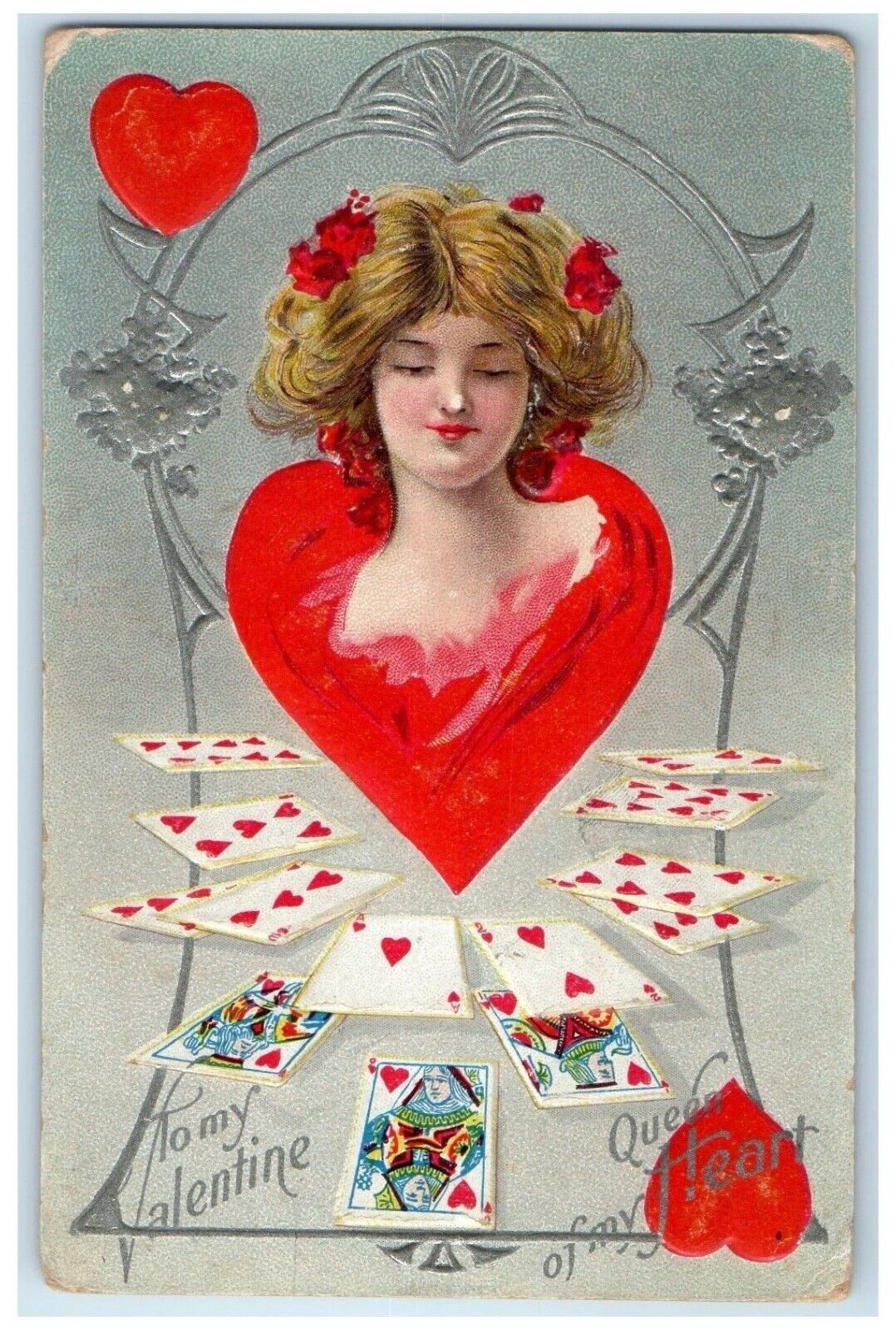 c1910\'s Valentine Pretty Woman Big Heart Cards Gambling Embossed Posted Postcard