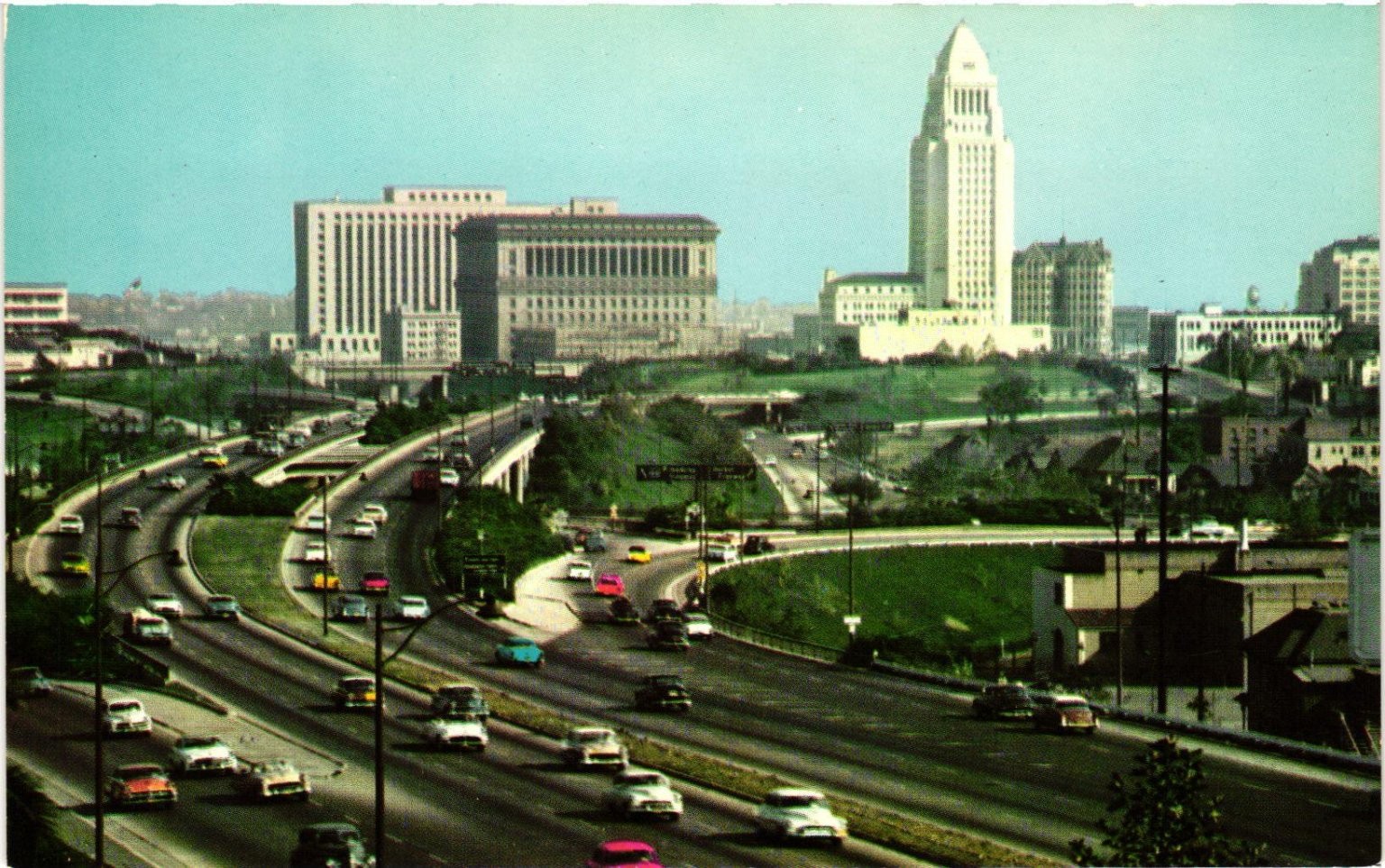 Vintage Hollywood Freeway Postcard Los Angeles Civic Center City Hall Chrome