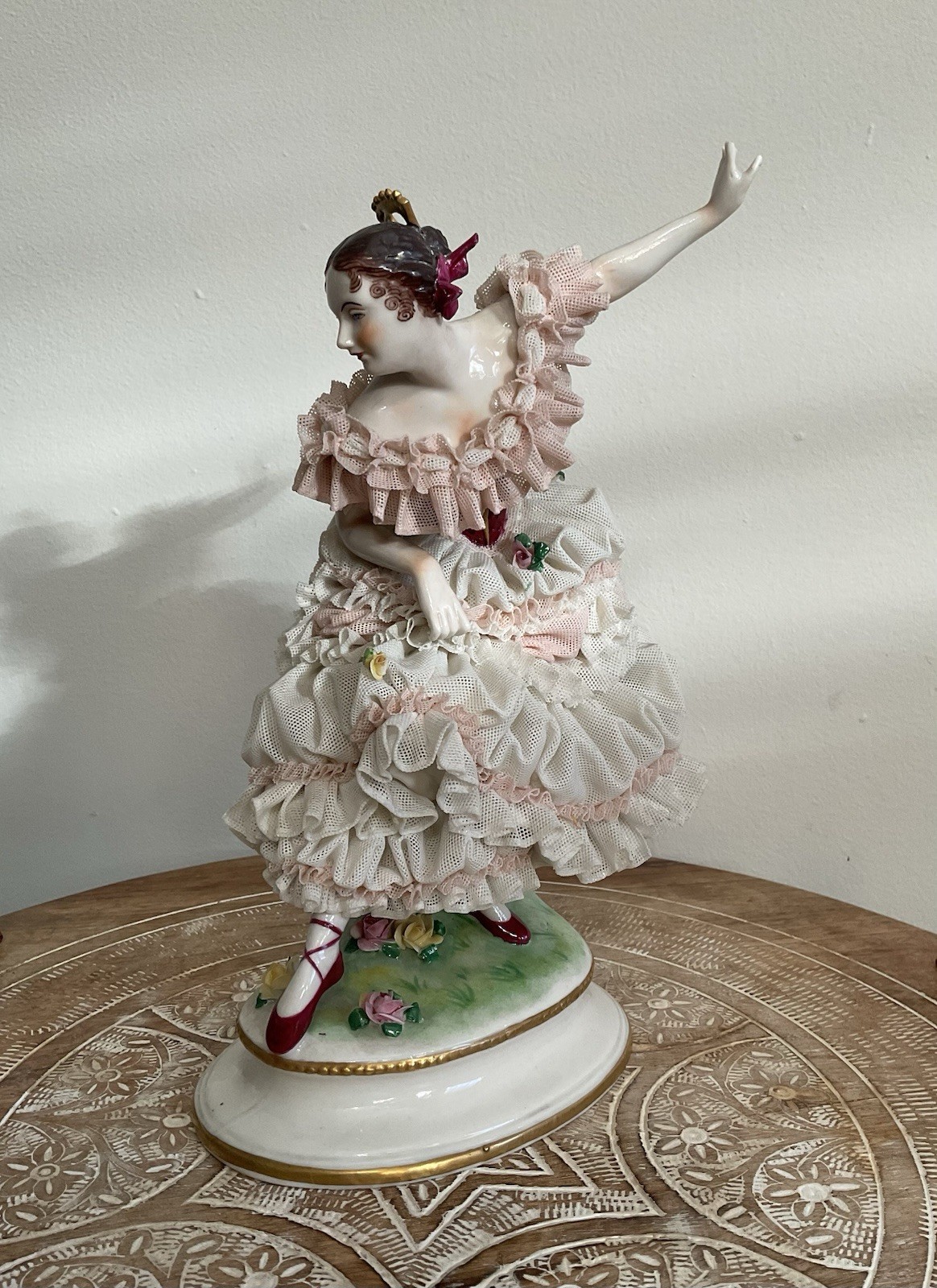 Antique Volkstedt Porcelain Dresden Lace Ballerina Fanny Elssler Figurine 10”