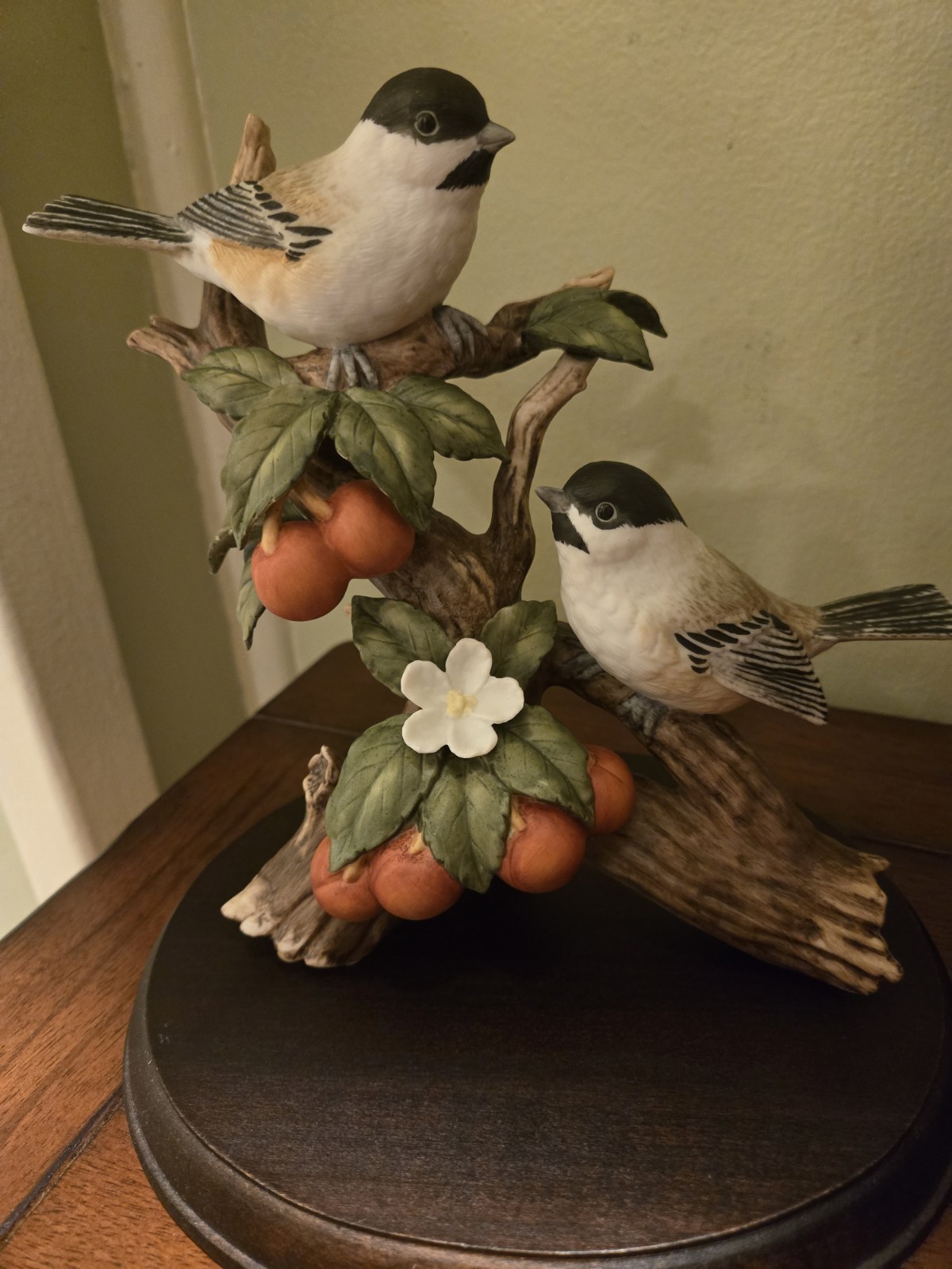 Homco Home Interiors and Gifts,  Chickadee with Fruit porcelain bird figurine 