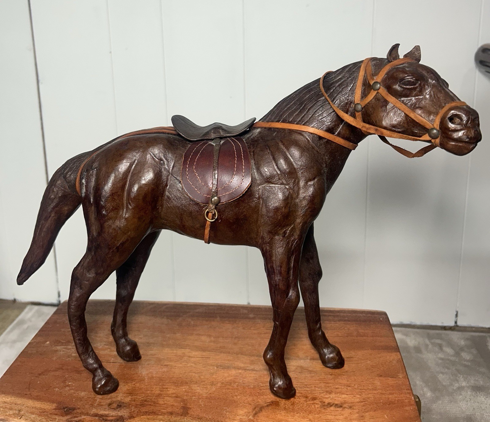 VTG Hand Crafted Leather Covered Horse Sculpture With Saddle & Bridle 15”