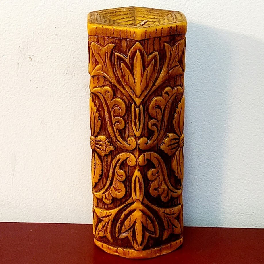 Boho Carved Wax Pillar Candle Hexagon Faux Wood Floral & Leaf Folk Art Design
