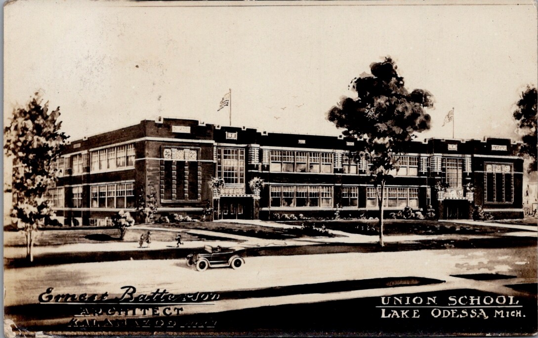 1922, Union School, Architect Drawing, LAKE ODESSA, Michigan Real Photo Postcard