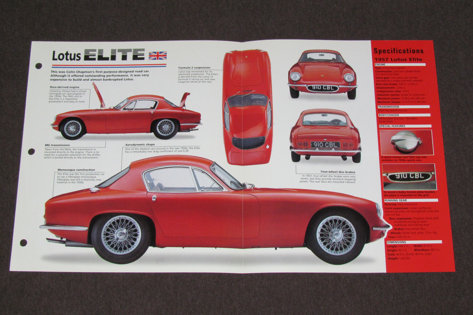 1957-1963 LOTUS ELITE Car SPEC SHEET BROCHURE PHOTO BOOKLET