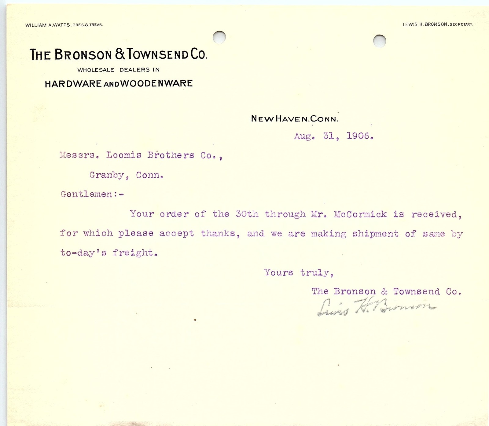 1906 The Bronson & Townsend Co. Hardware billhead