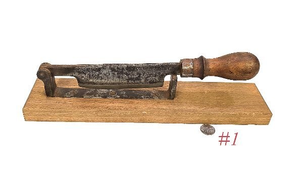 primitive old TOBACCO IRON CUTTER CHOPPER KNIFE w wooden base