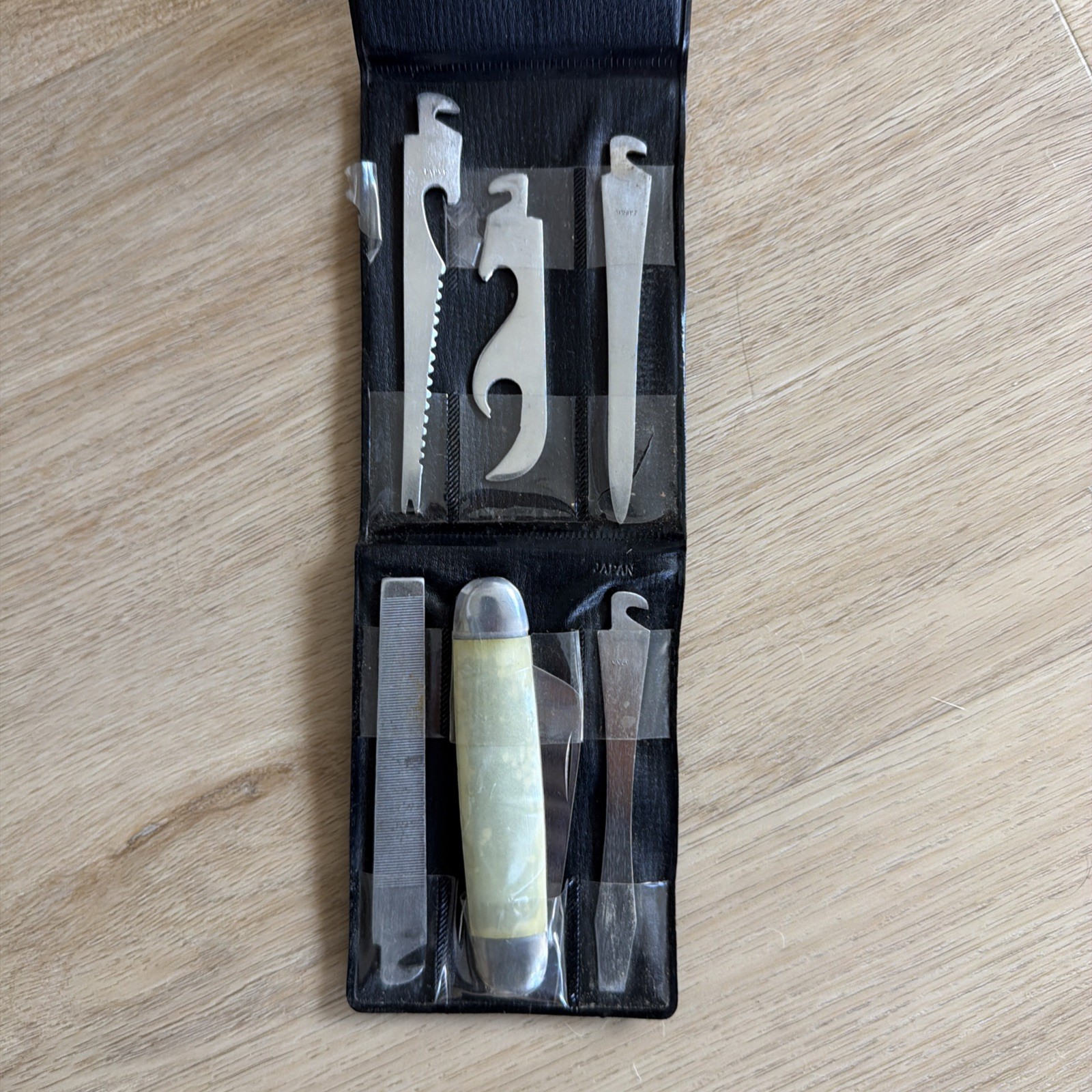 Vintage JAPAN 6 Multi Tool Set: Pocket Knife Camping Survival Kit w/ Black Case