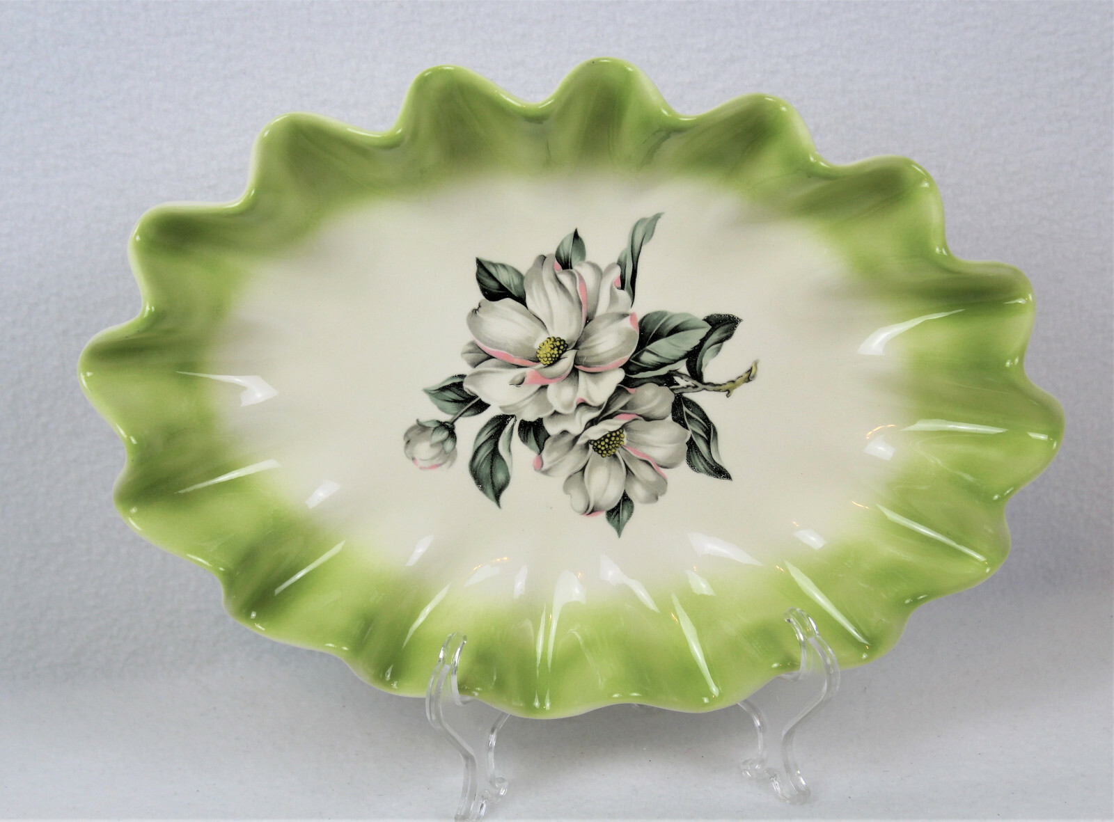 Vintage Oval Serving Dish Magnolia Flower Ruffled Edge Engraved Signature 12\