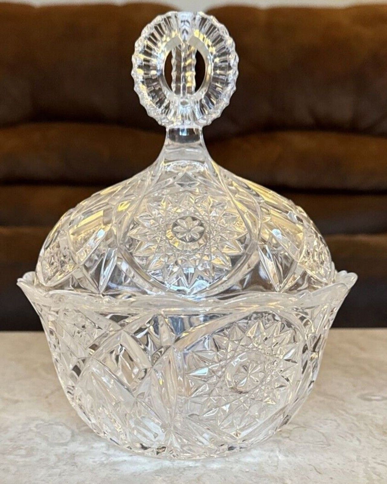 Large VTG HOFBAUER Style German Cut Crystal Lidded Candy Dish West Germany 1950s