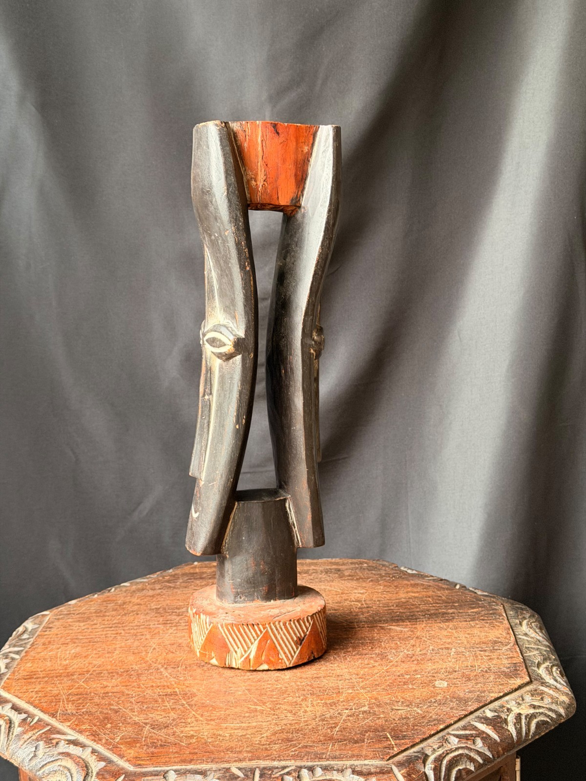 Vintage African Ghana Carved Wood Double Face Janus Head Sculpture 17in