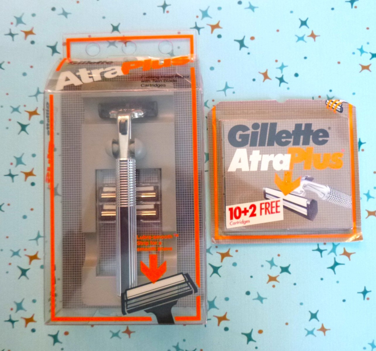 NOS Vtg 1987 Gillette Atra Plus Razor Handle W/ 2 Cartridges + Pk 12 Cartridges