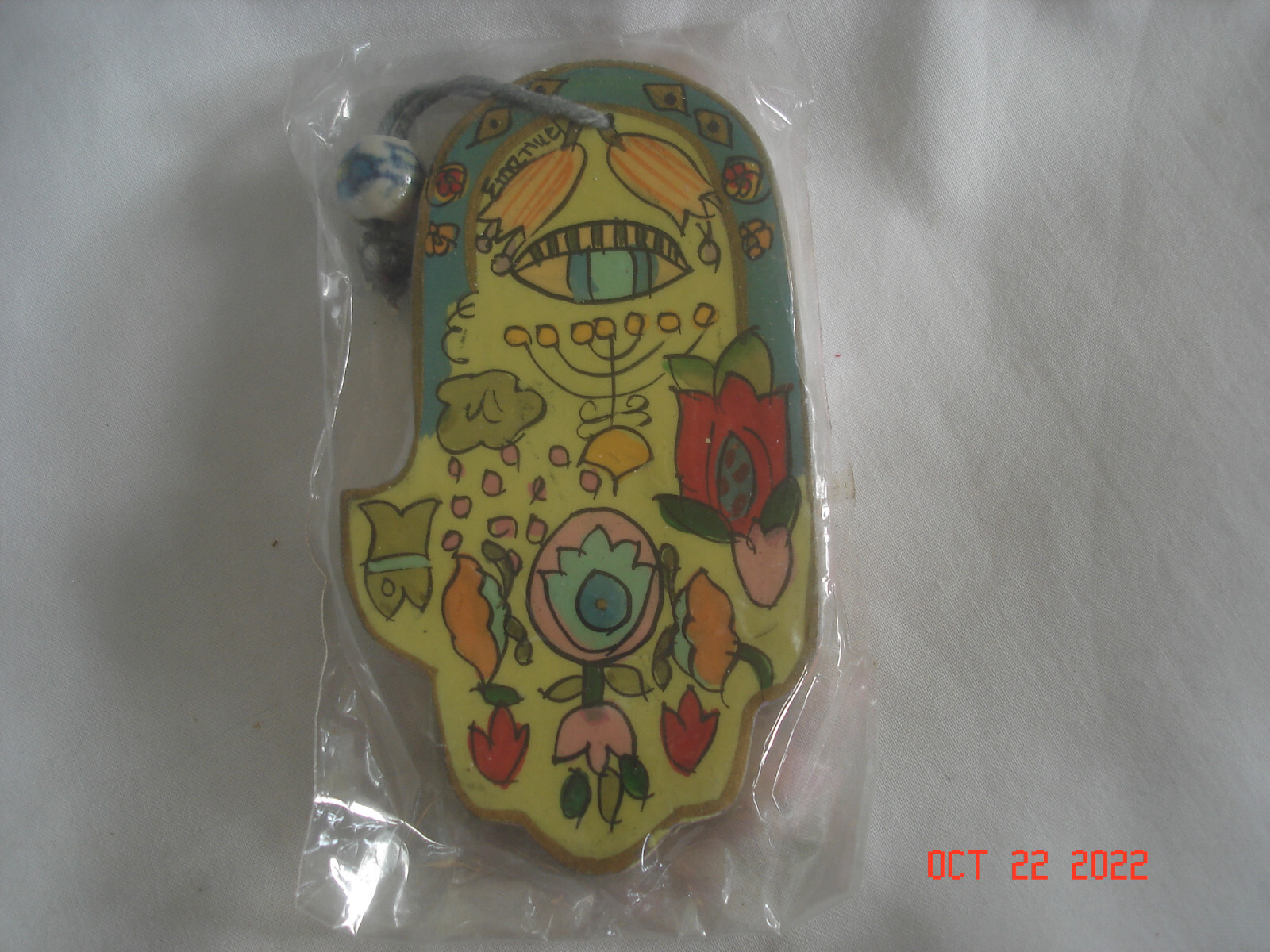 SEALED Vtg. /Older SIGNED YAIR EMANUEL JUDAICA WOOD HAMSA MENORAH THEME ORNAMENT