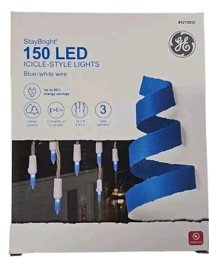 GE StayBright 150 Icicle Light String Holiday Christmas Blue LED On White Wire
