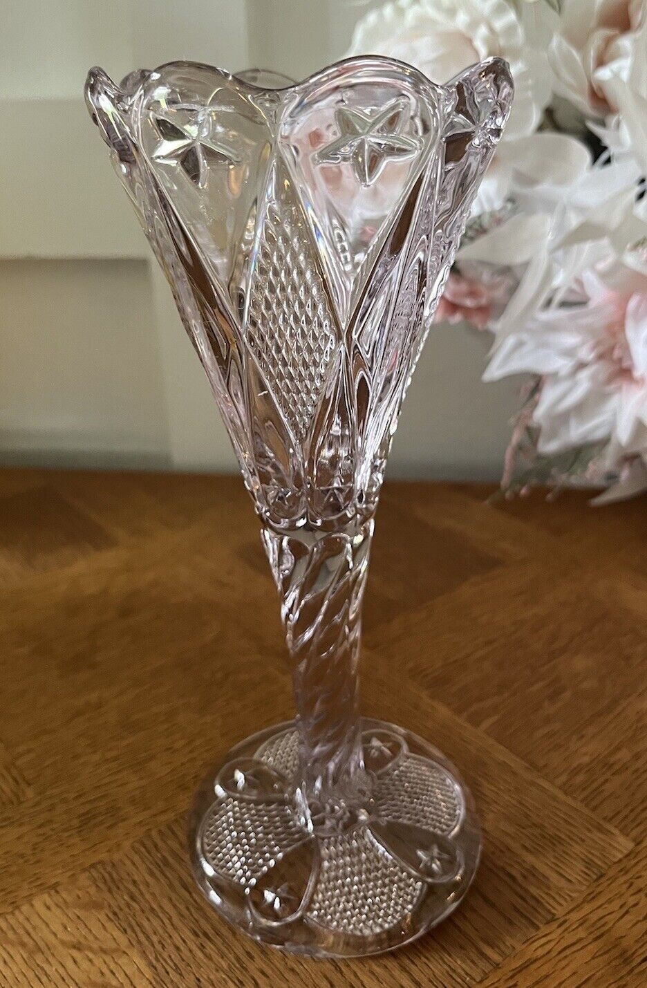 Antique 1896 Ohio Flint Glass Dunkirk Diamond Trumpet Vase Stars Spiral Stem