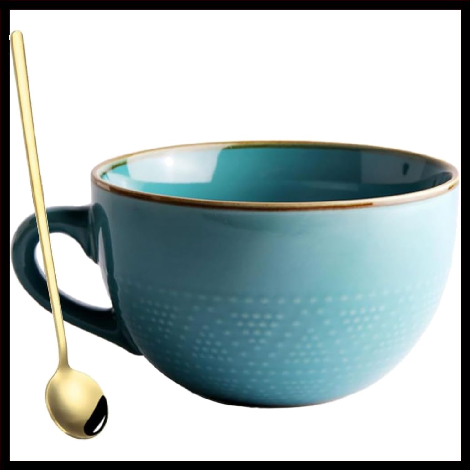 24 Oz Large Blue Ceramic Coffee Mug & Soup Bowl with Spoon - Elegant Gift