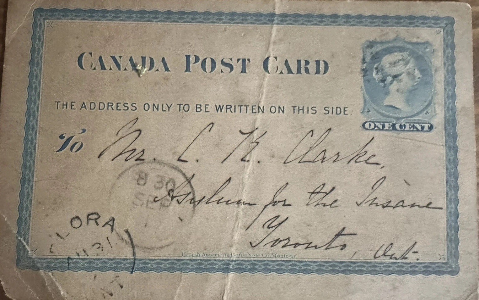 1876 Toronto Insane Asylum Postcard Dr CK Clarke C.K. Famous Psychiatrist RARE