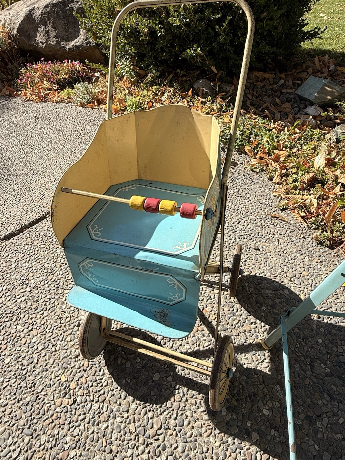 Vintage Blue & Beige Metal Toy Doll Stroller Baby Carriage Buggy w/ Canopy Tray