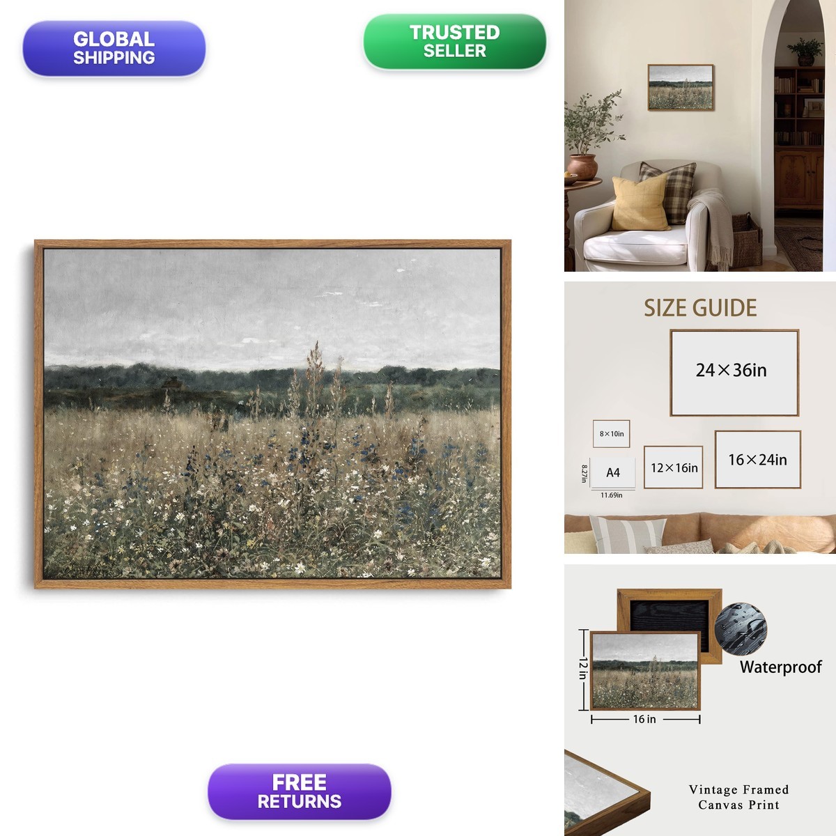 OIQArtOIQ Vintage Framed Wall Art Wildflower Field Meadow Canvas Prints Rustic