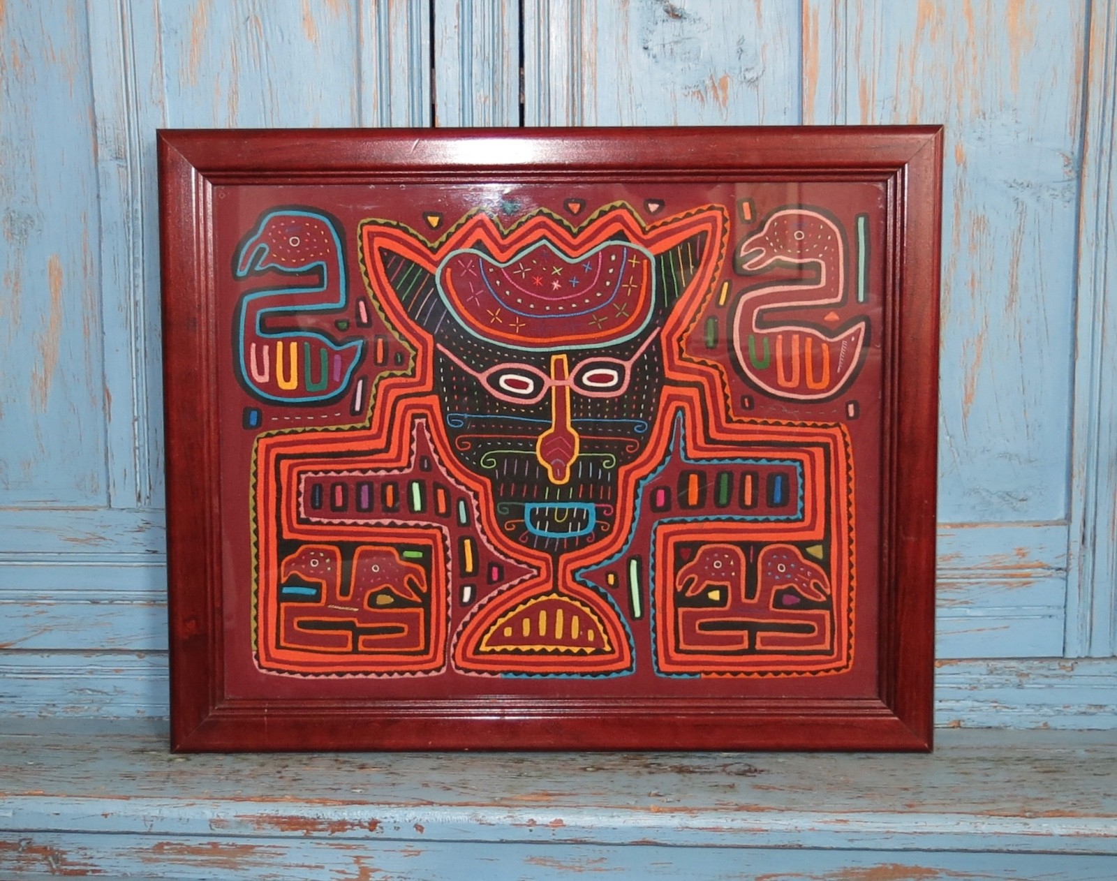 VINTAGE FRAMED PANAMA KUNA SAN BLAS HAND STITCHED MOLA MAN TEXTILE APPLIQUE VINTAGE FRAMED PANAMA KUNA SAN BLAS HAND STITCHED MOLA MAN TEXTILE APPLIQUE