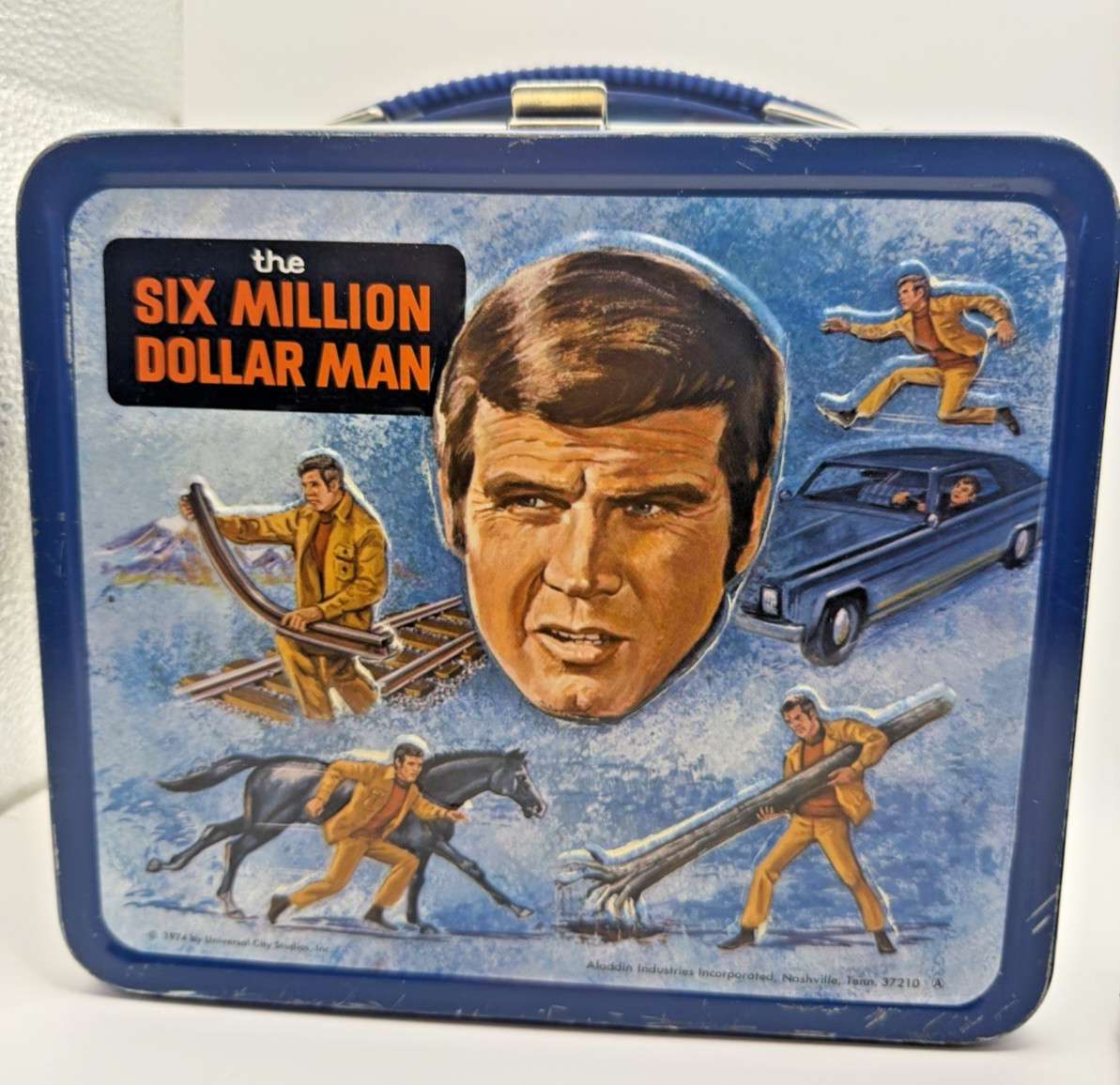 Vintage Six Million Dollar Man Metal Lunch Box Thermos 1974 crisp N0 RUST
