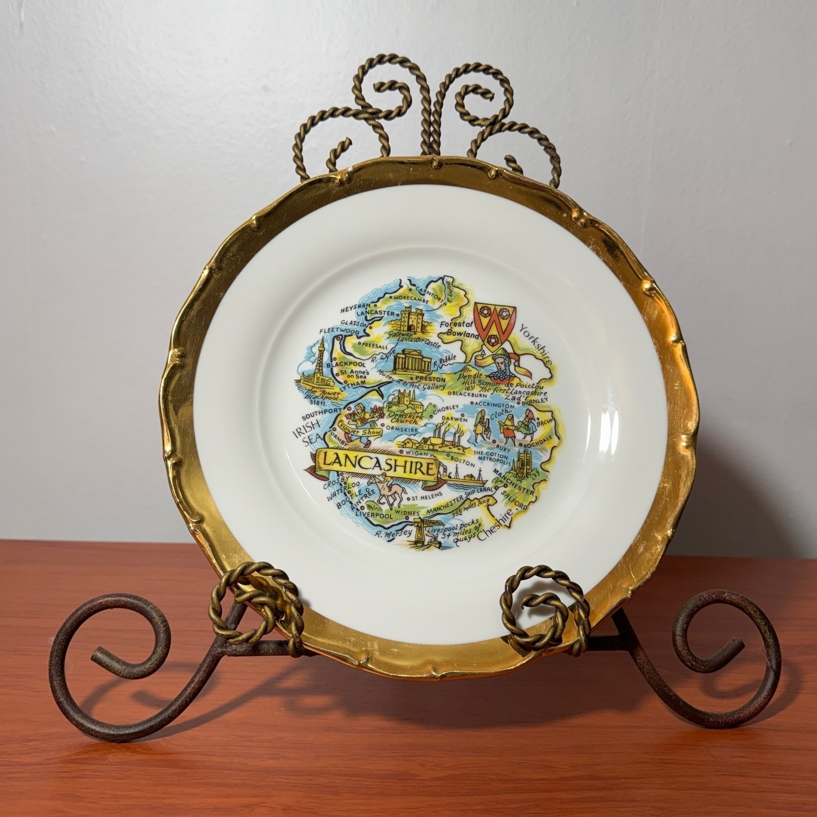Bohemia Czechoslovakia Vintage Lancashire England Map Souvenir Plate Gold Rim