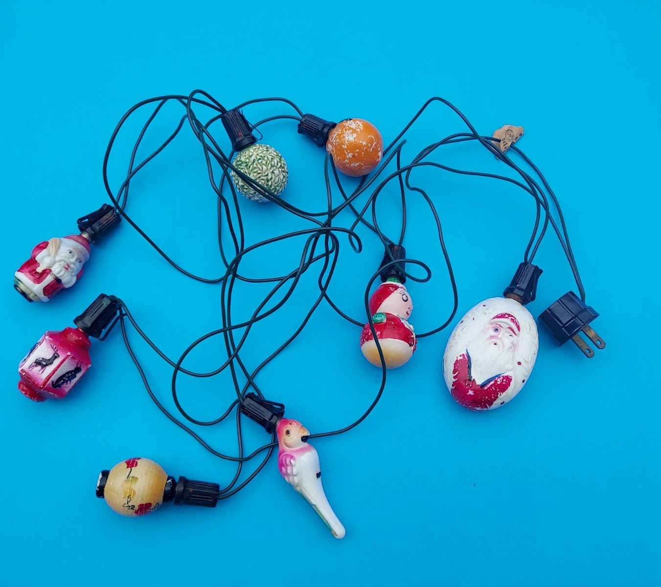8 Vintage Novelty Painted Glass Figural Christmas Light Bulbs on Cord