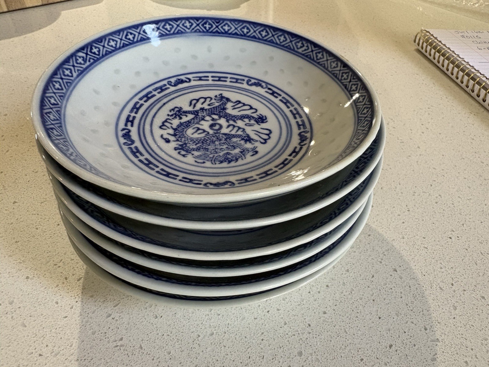 Vintage Chinese Rice Pattern Dragons (6) Shallow Blue and White Bowls 5.5” #0115