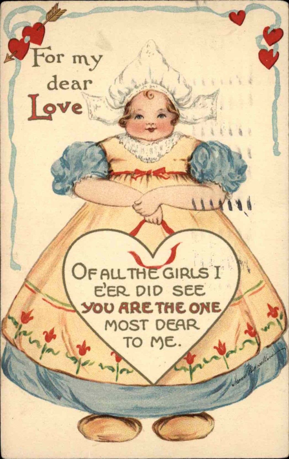 Valentines Dutch Girl Greeting c1900-20s Vintage Postcard