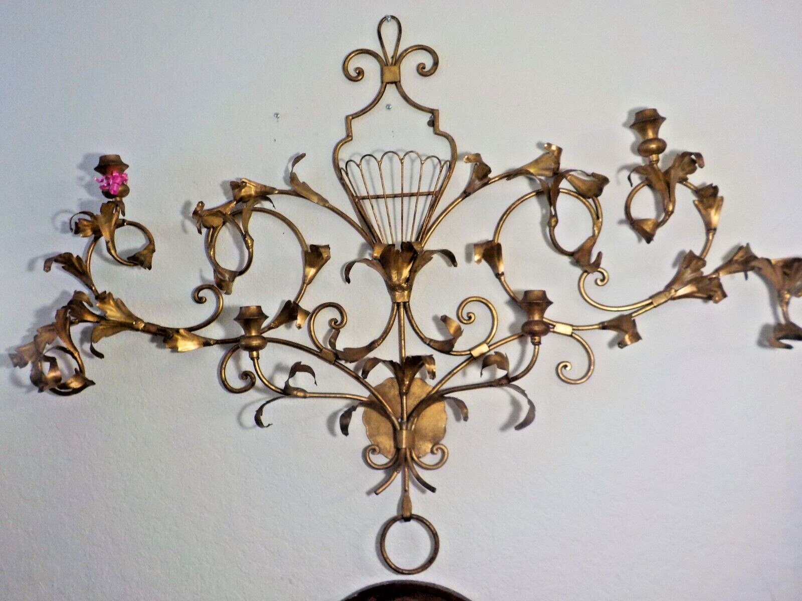 ITALIAN GILT METAL LARGE 4 CANDLE HOLDER WALL SCONCE