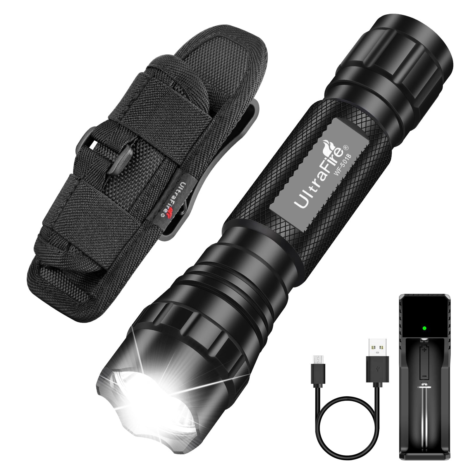 Tactical Flashlight with Holster, Single Mode LED Small, Black