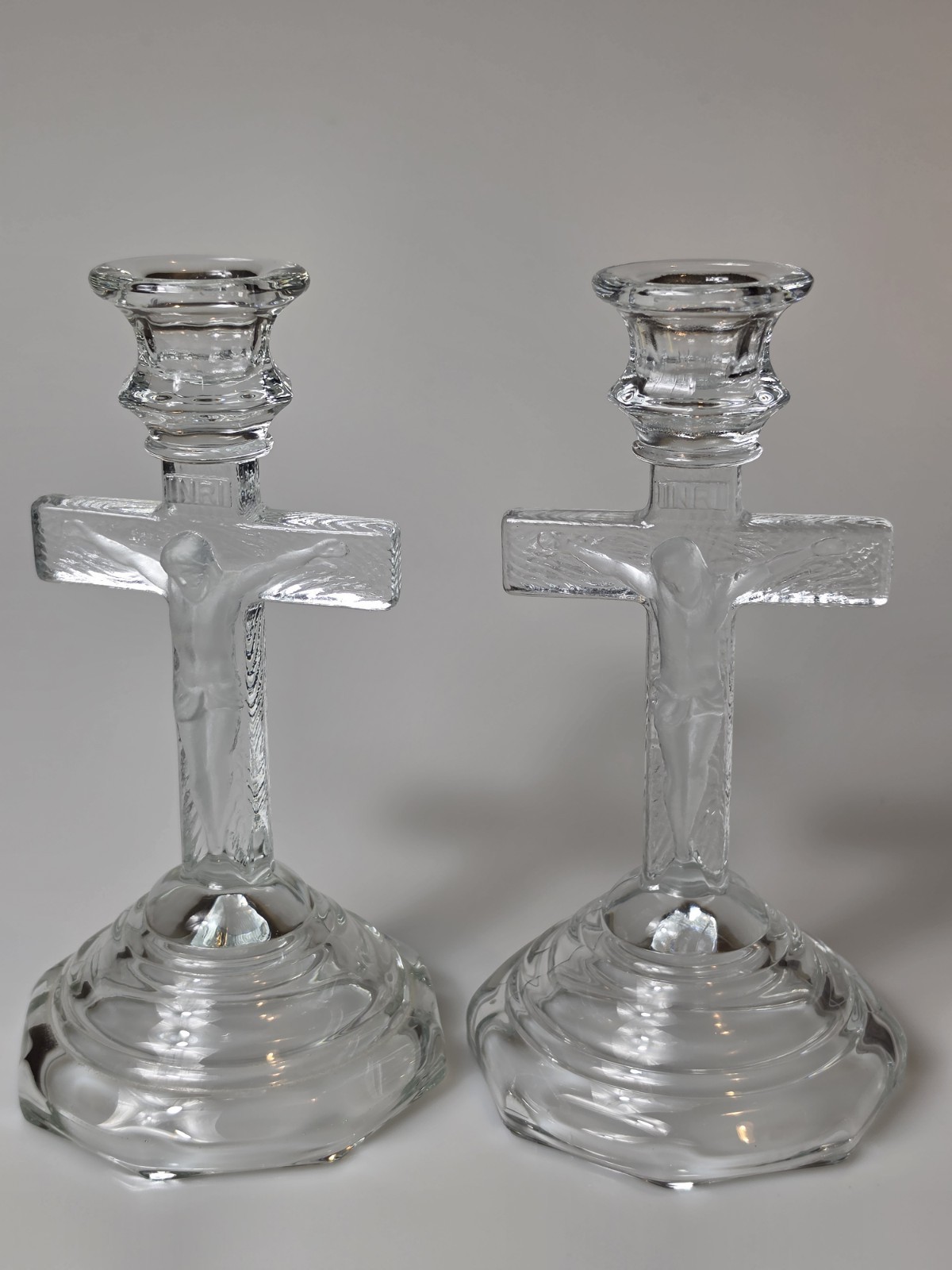 Pair Clear Glass Crucifix Cross Candle Holders Christian Religious Decor 