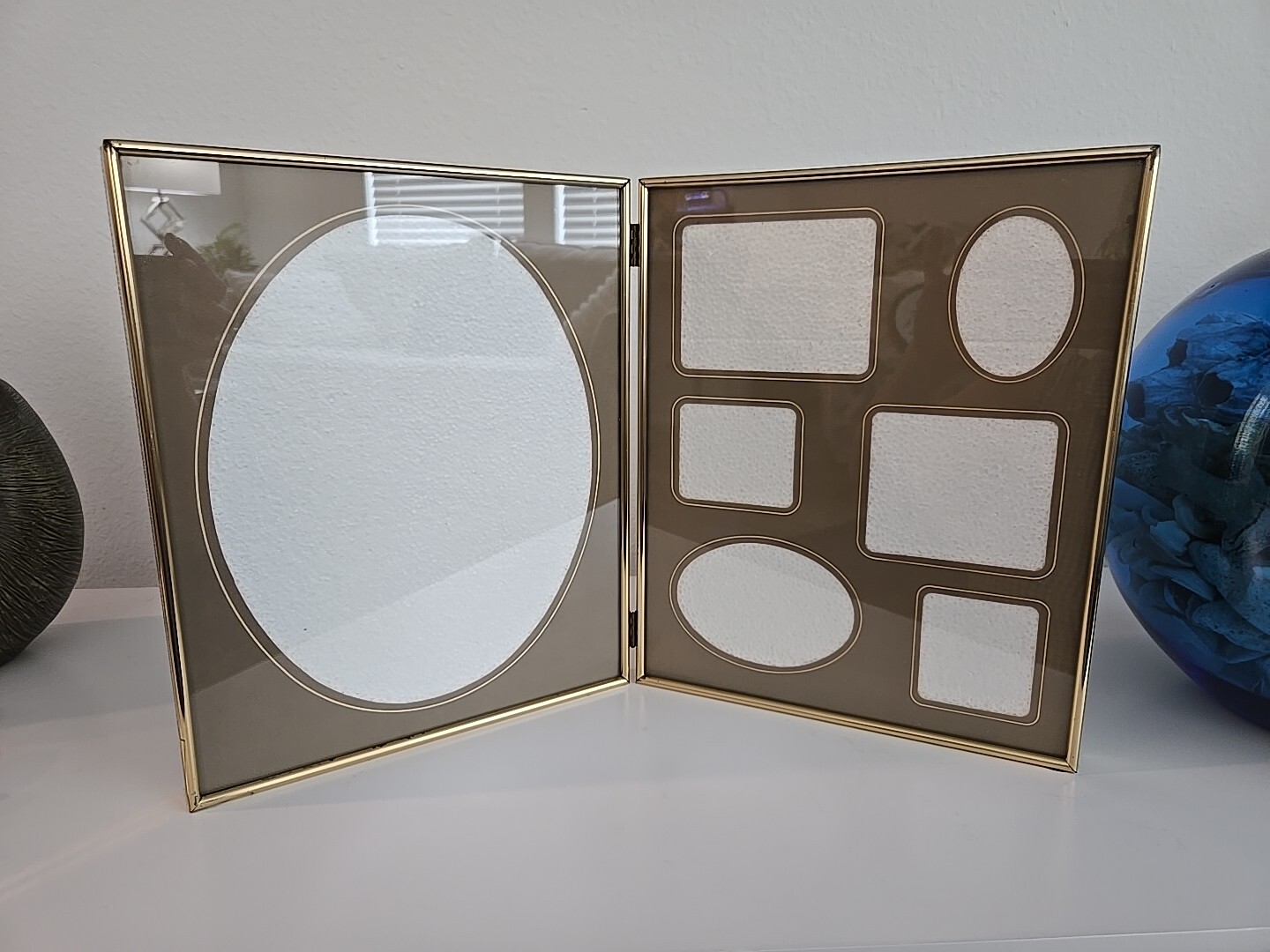 Vintage Double Gold Toned Metal Frame Holds 7 Size Photos 8x10 Matted SHADOW BOX