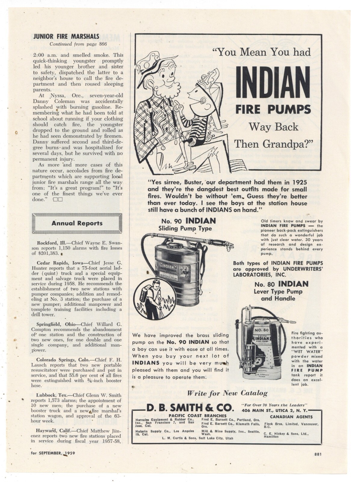 1959 D.B. Smith & Co. Ad: Indian No. 80 Fire Pump - Utica, New York
