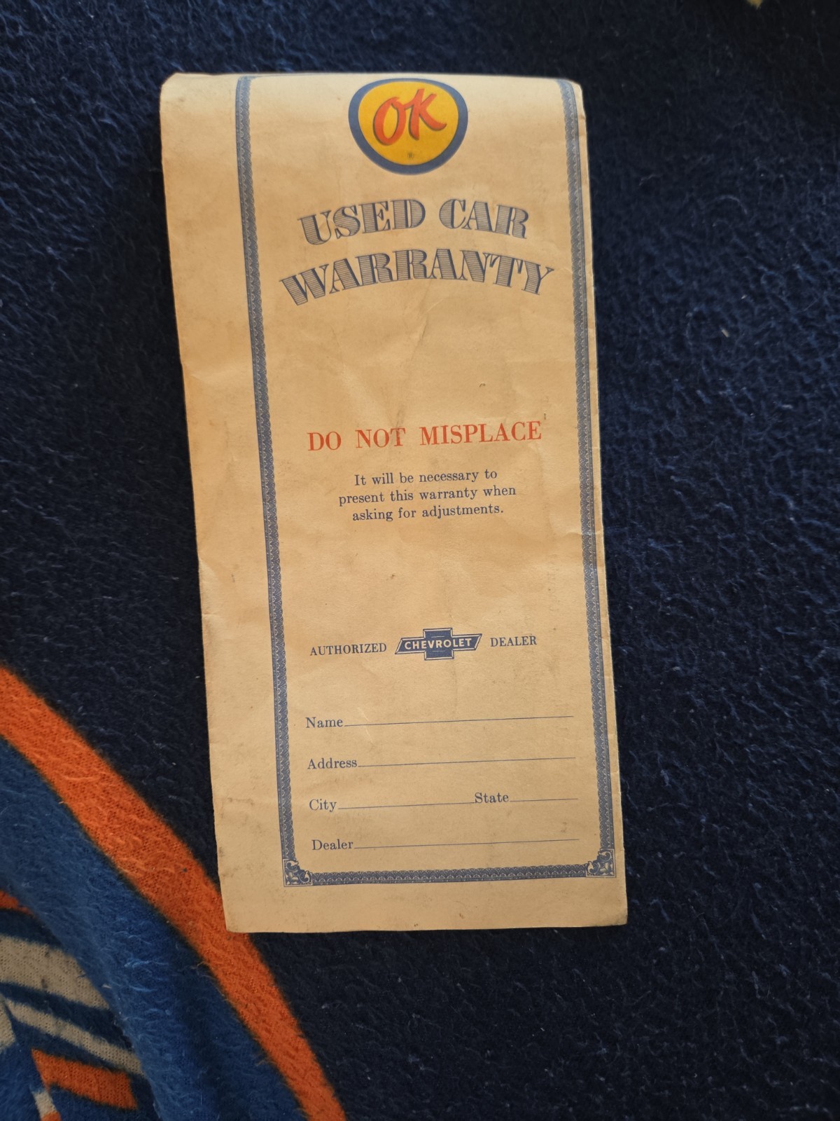 1950s Chevrolet OK Used Car Warranty Envelope Chevy Dealer Paper Ephemera